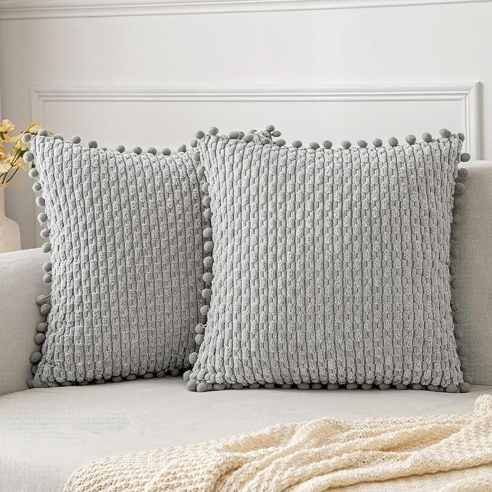 Pompom Grey Stripe Texture Corduroy Farmhouse Cute Luxury Soft Pillow Cover Set - Picture 1 of 7